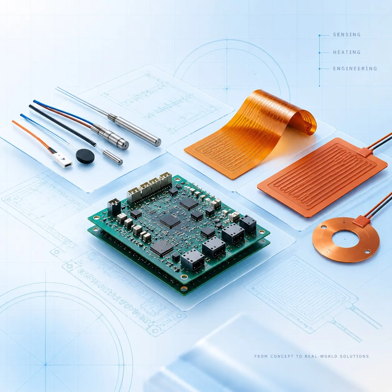 CircuitSprint hardware: temperature sensors, flexible heaters and PCB on an engineering blueprint